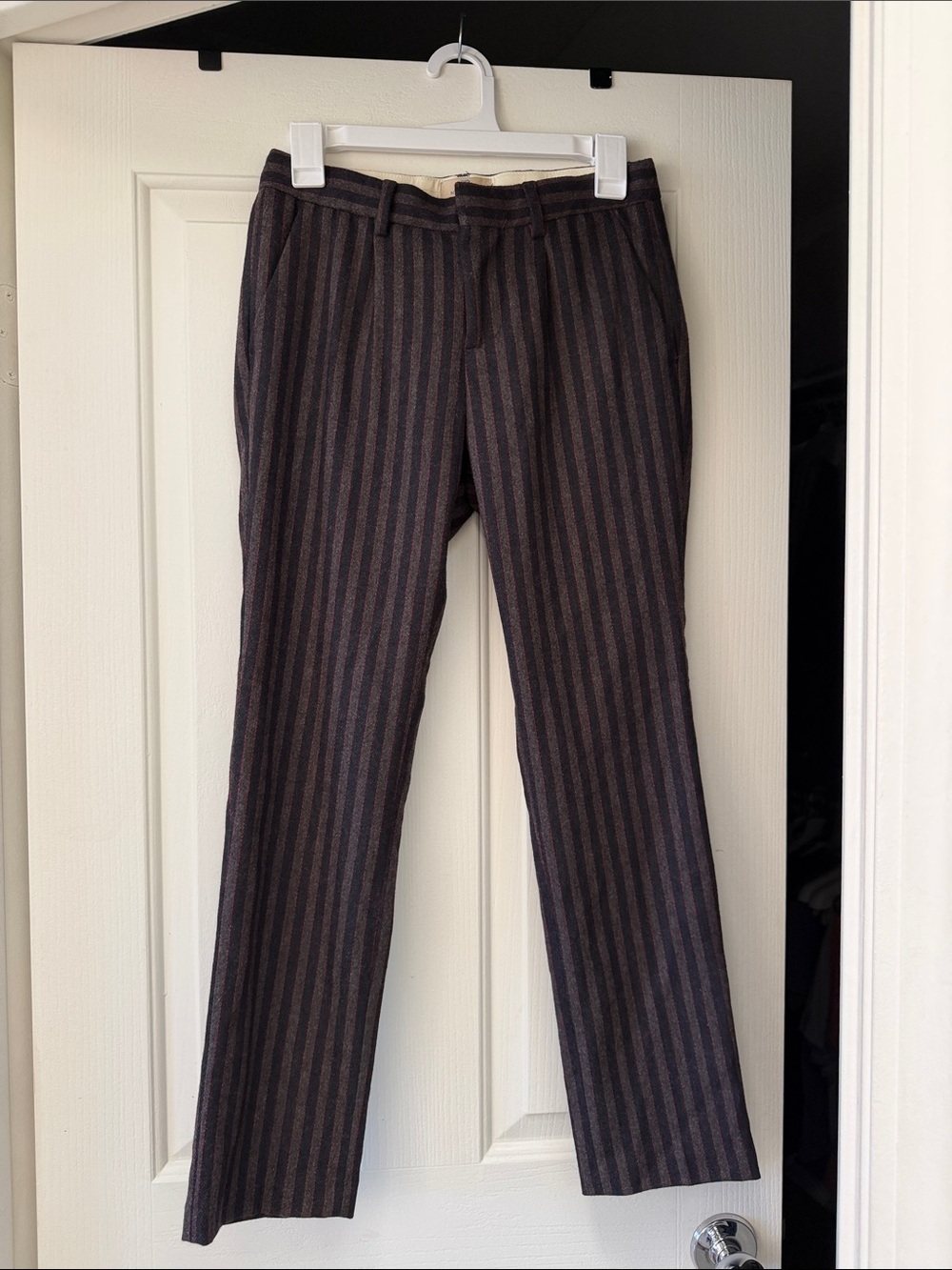 Scotch & Soda Grey Brown and Red Vertical Stripe Dress Pants, 50% wool